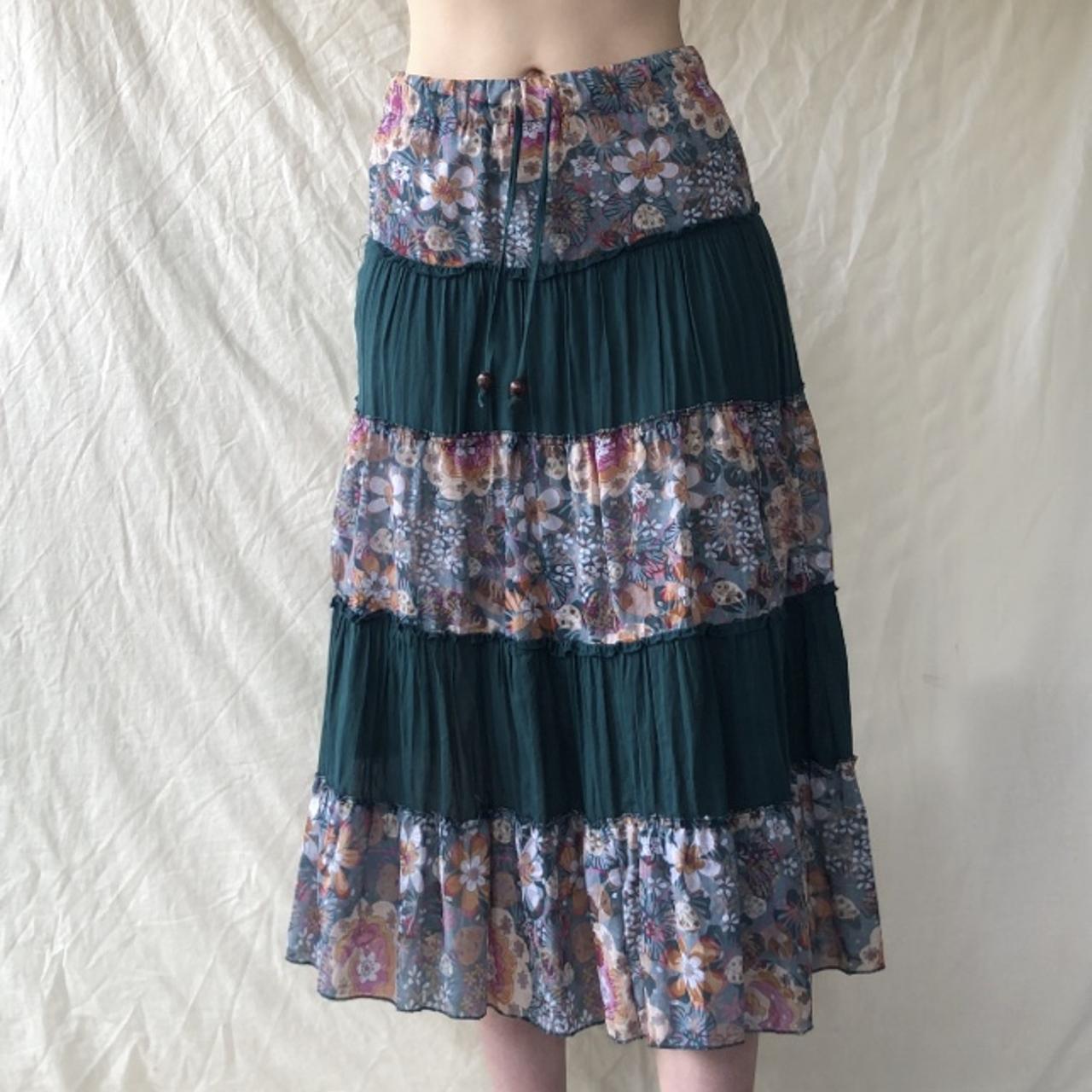 the most gorgeous y2k green floral tiered midi skirt... - Depop