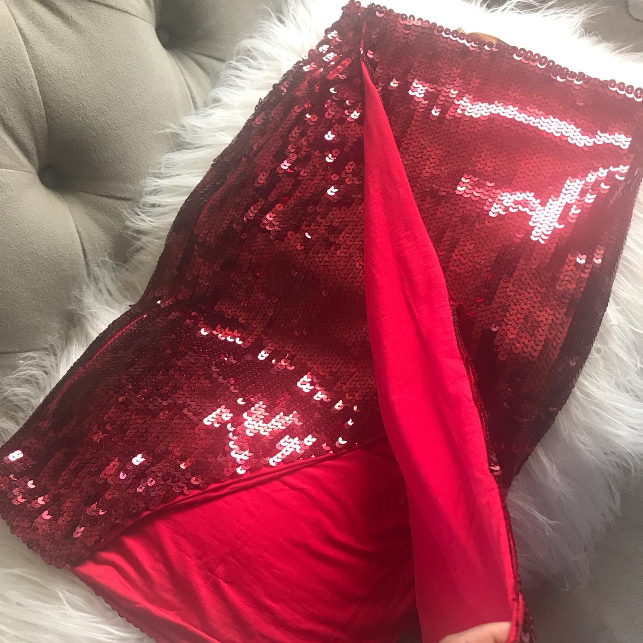 Red sequin skirt with split and side zipper. Brand... - Depop