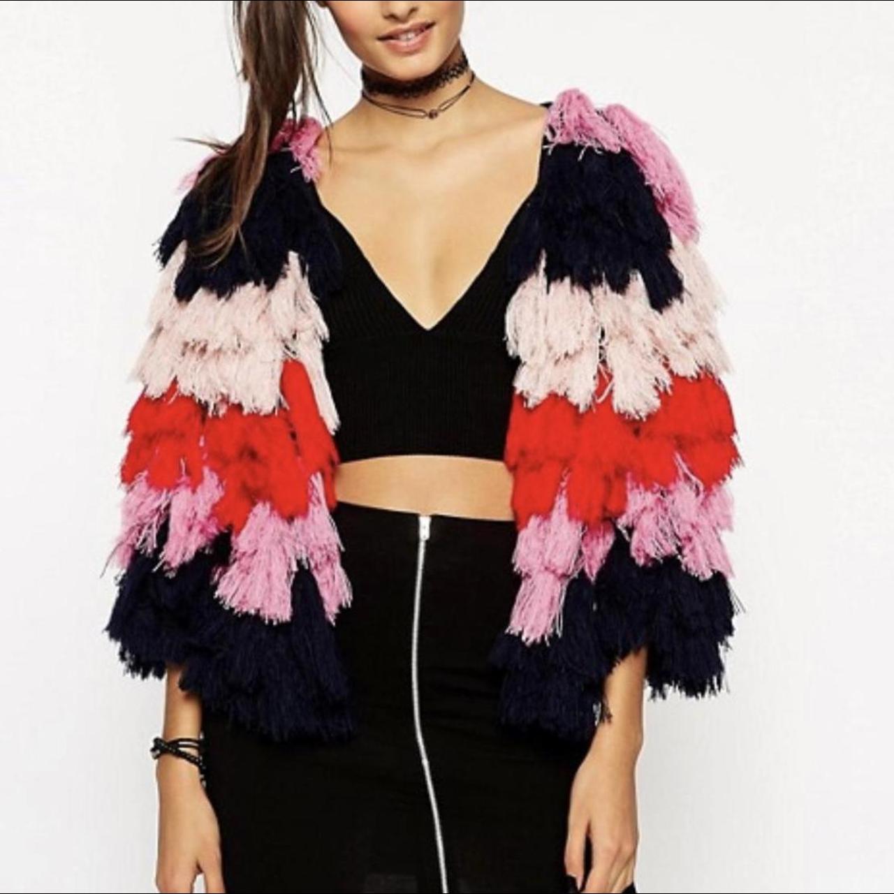 ASOS pom pom cardigan jacket fringed black red pink - Depop