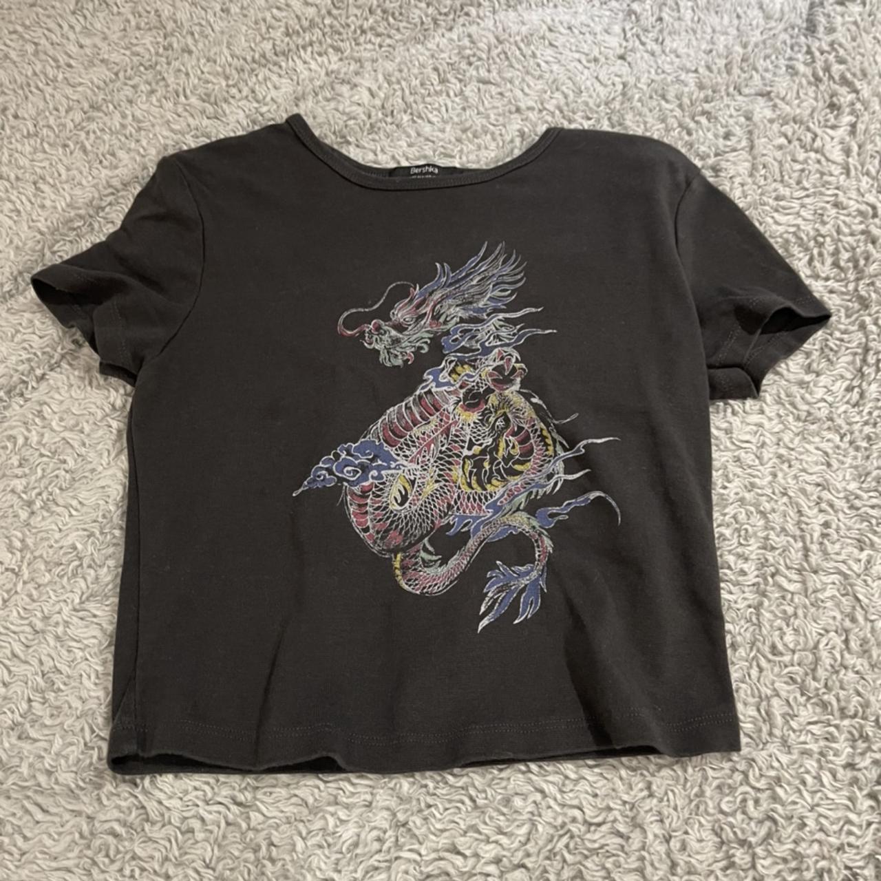 Bershka black grey dragon crop top t-shirt size S... - Depop