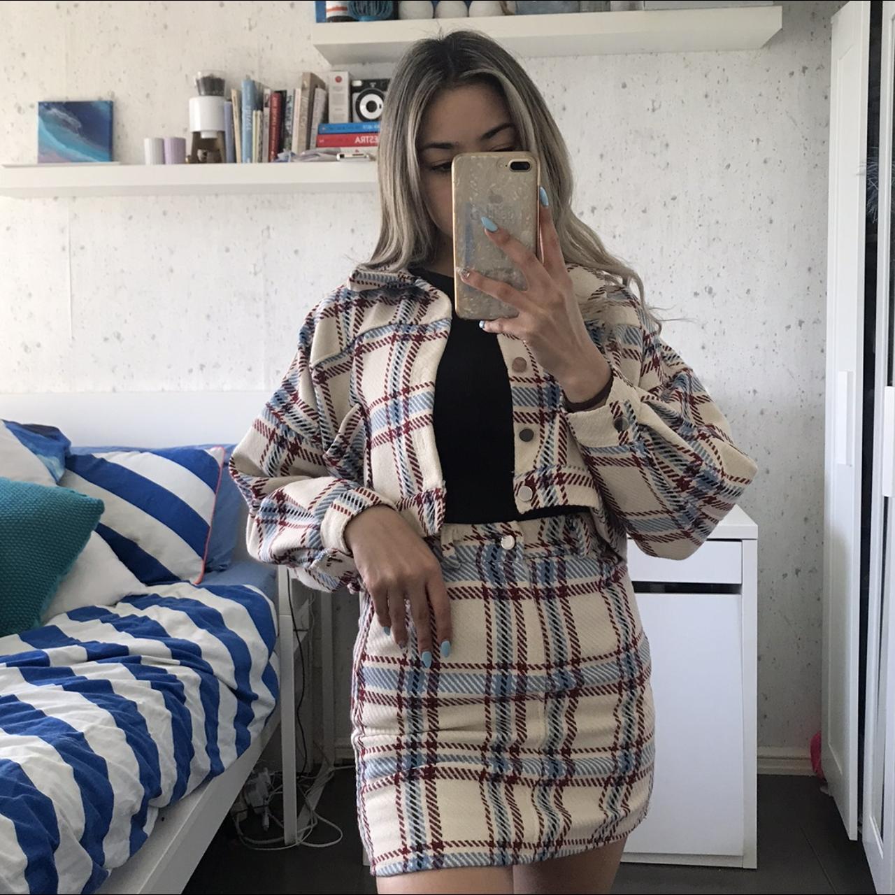 Plaid skirt and jacket set best sale