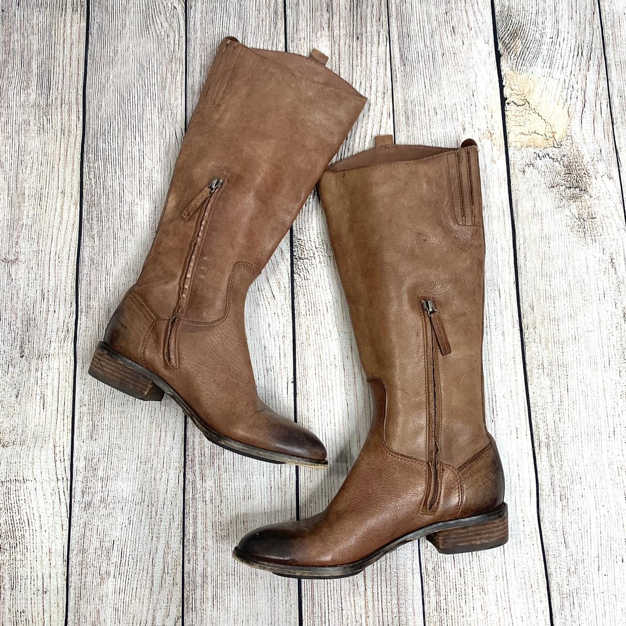 Distressed brown leather Phallon knee high boots... - Depop