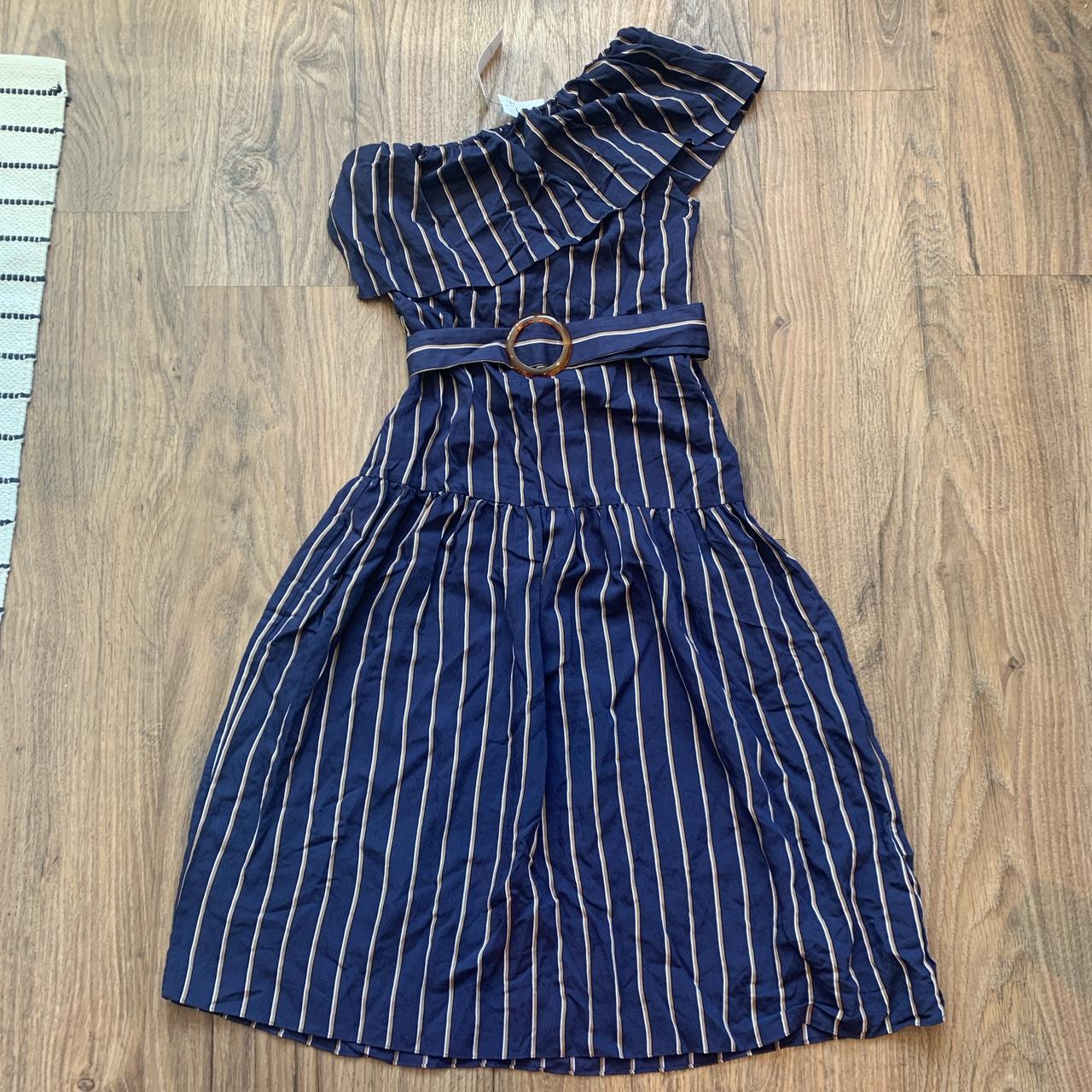 Navy blue with white and beige stripe one shoulder... - Depop