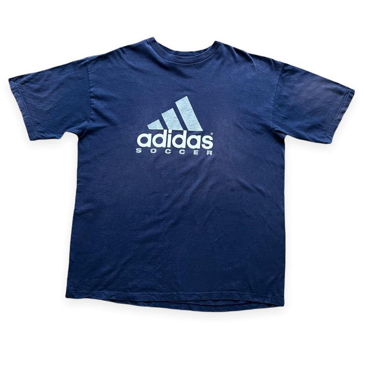 Vintage 90’s Adidas Soccer Blue Spellout T-Shirt.... - Depop