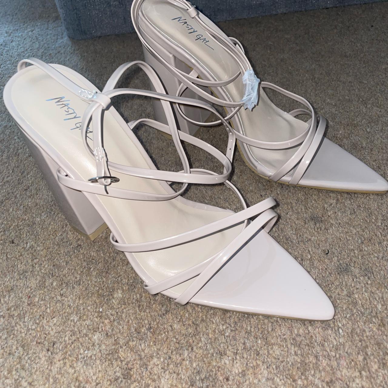 Nude pointy block heel in a taupe colour size 5 from... - Depop
