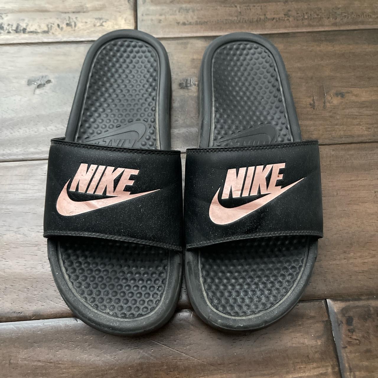 rose gold and black nike slides