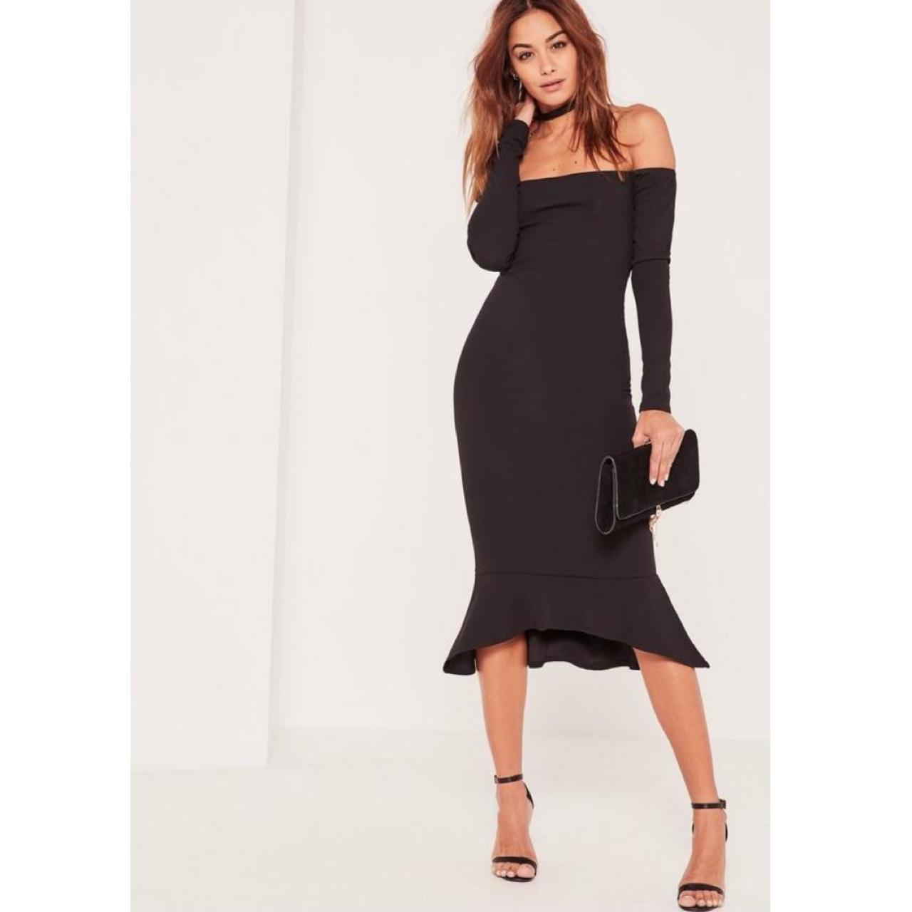 Black bardot fishtail midi hot sale dress