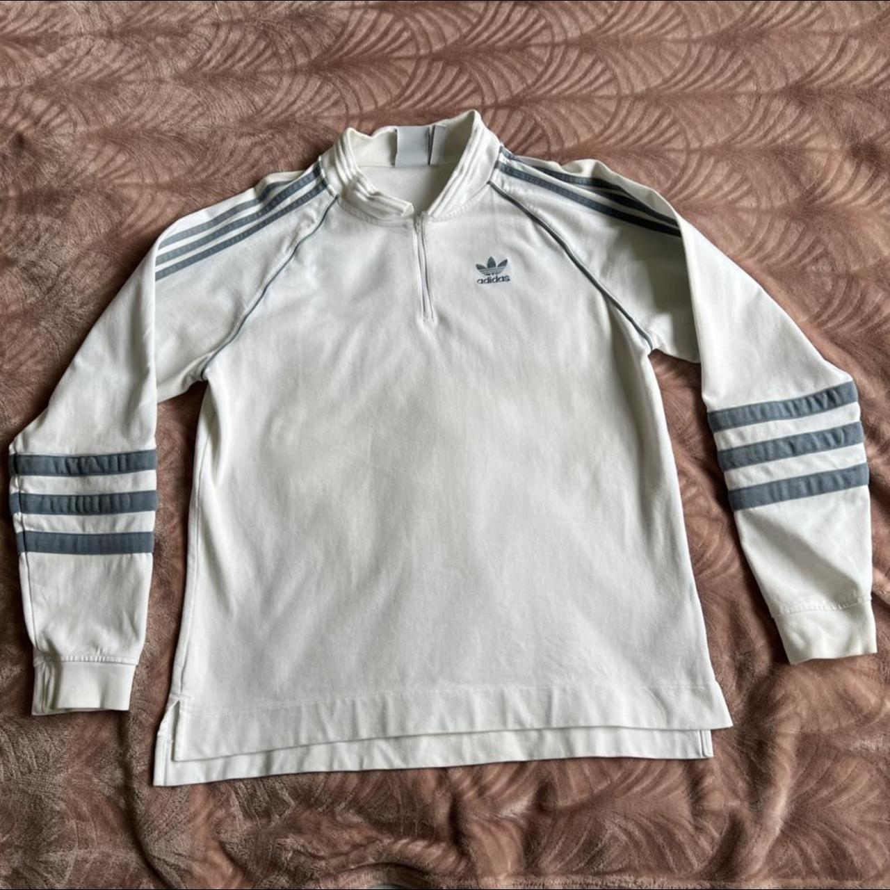Adidas (vintage) white and light blue 3/4 zip up... - Depop