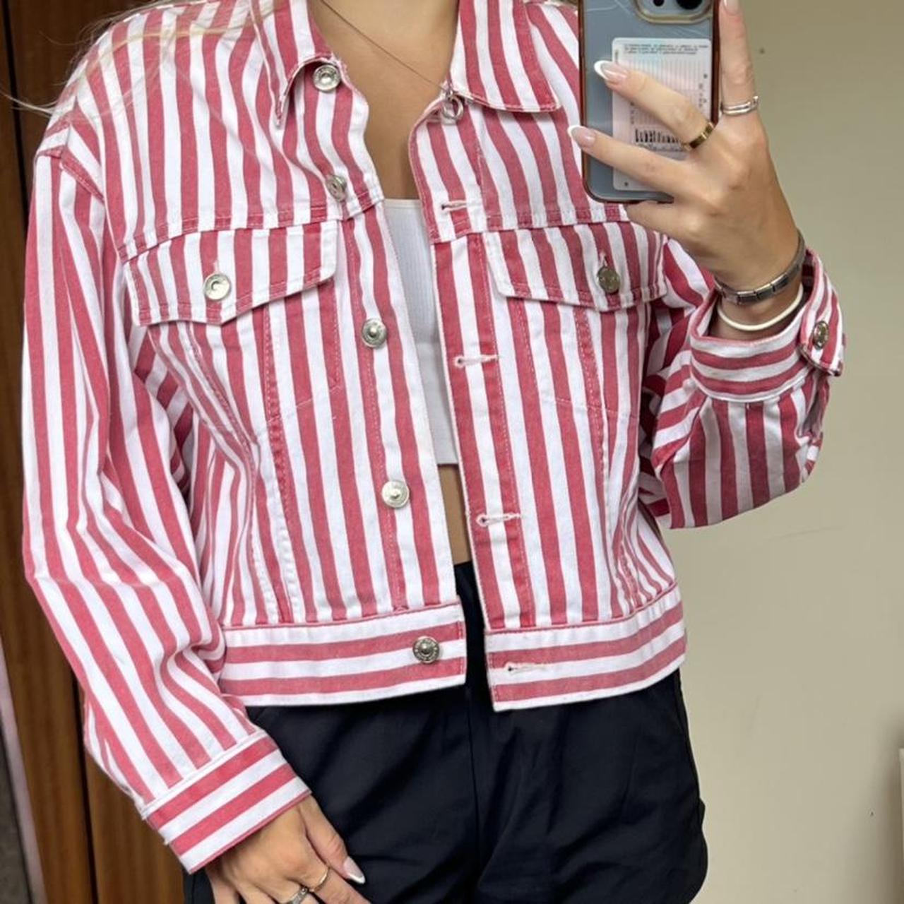 Pull Bear red and white striped denim jacket size