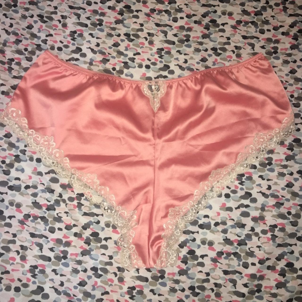 Pink satin and lace shorts/'french knickers'. Never - Depop