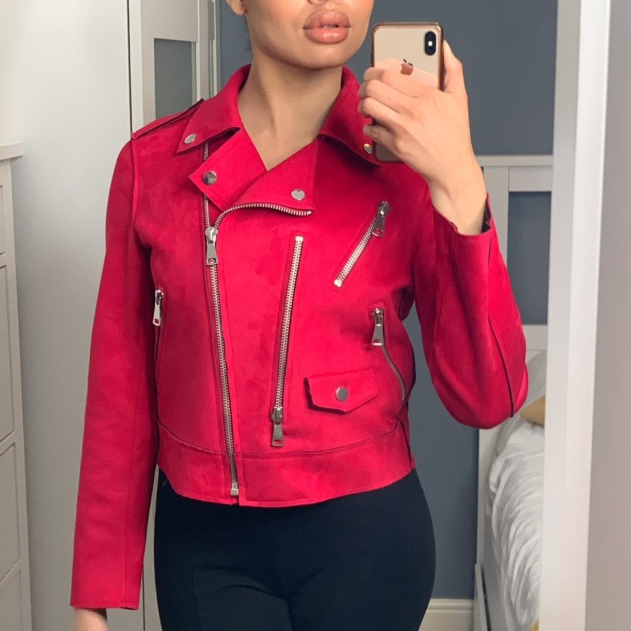 Mango casual biker jacket in faux suede Fuchsia 🍒... Depop