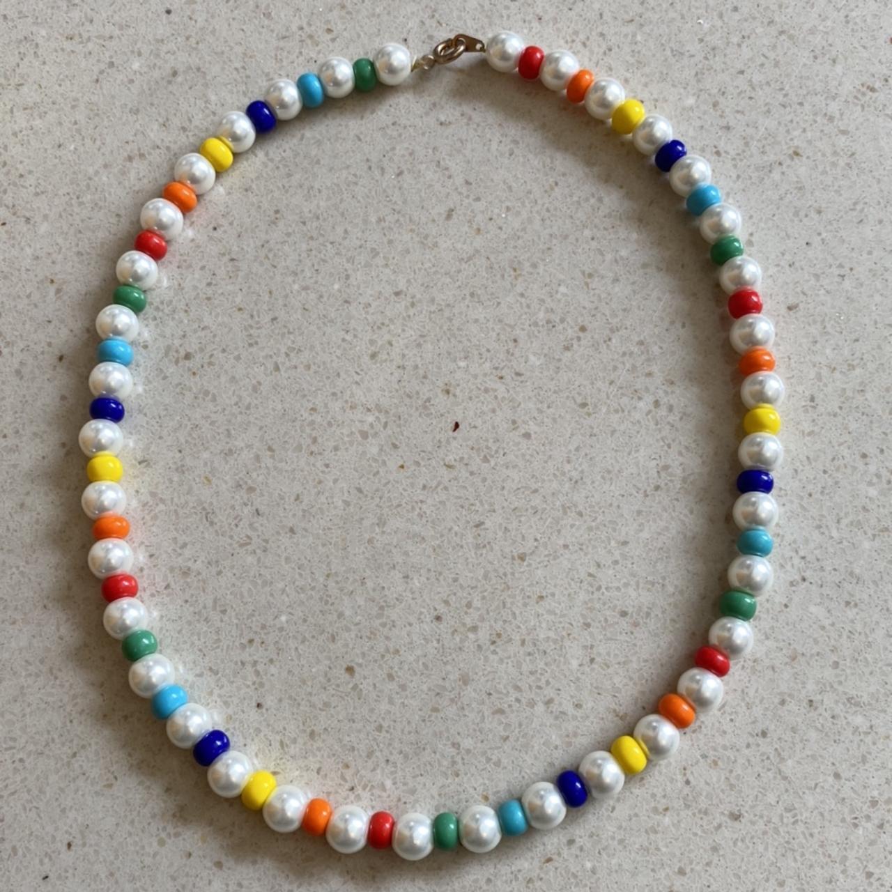 rainbow and pearl necklace 🌈 free delivery 17... - Depop