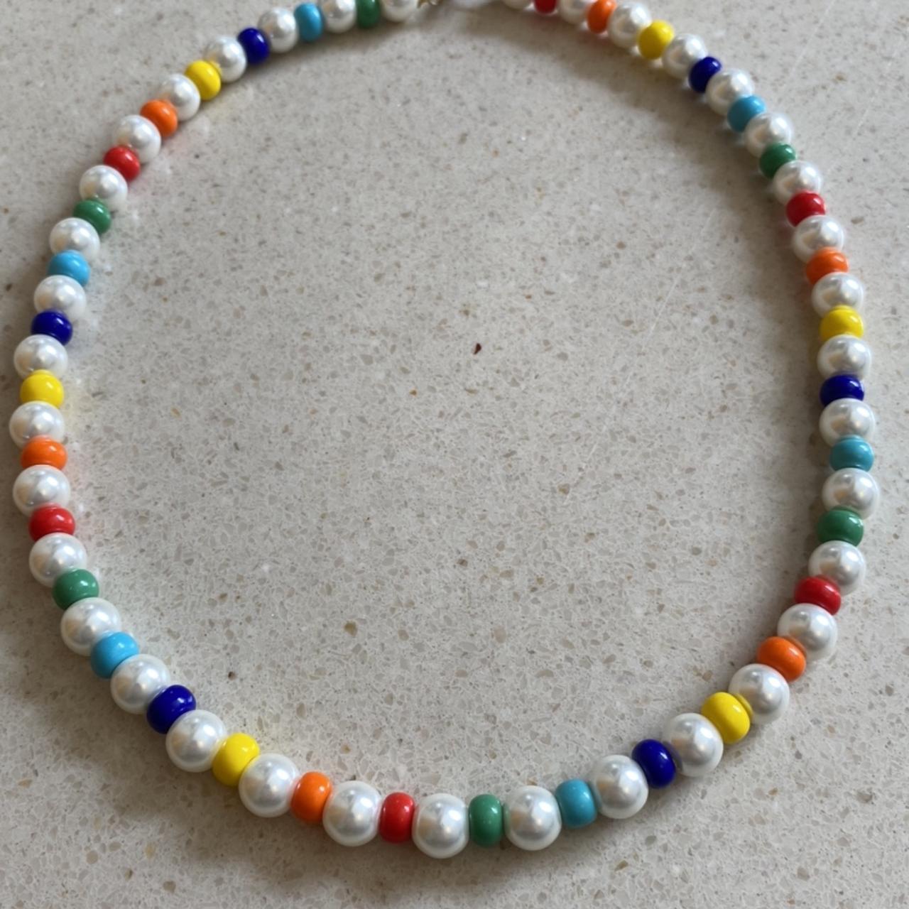 rainbow and pearl necklace 🌈 free delivery 17... - Depop