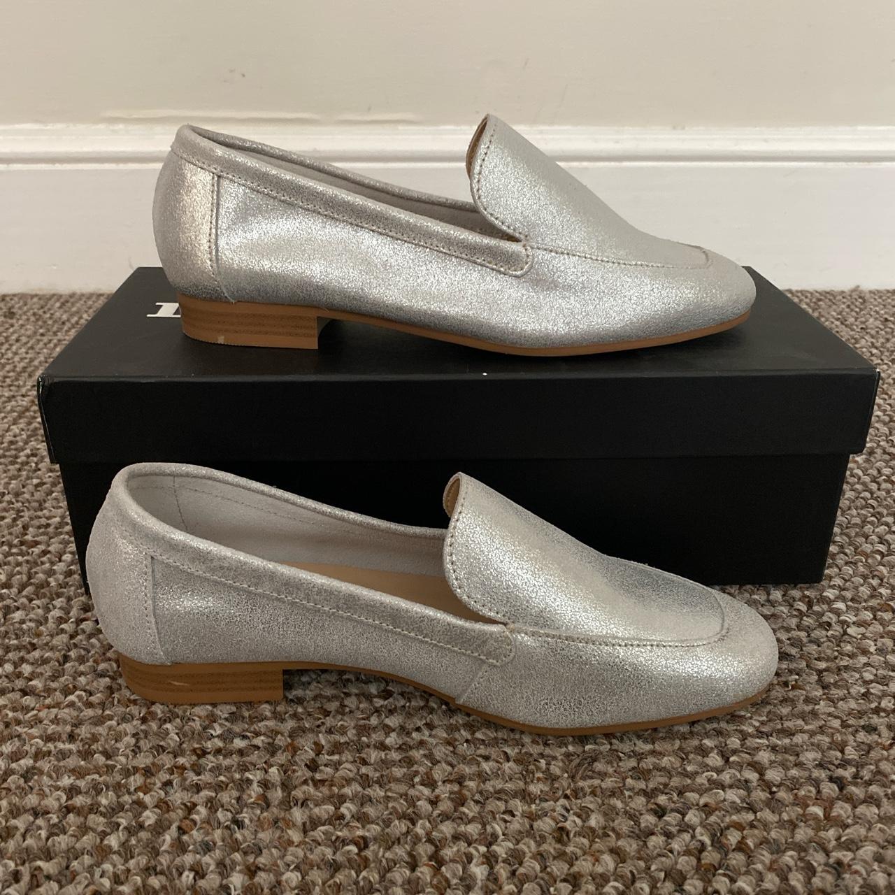 Dune store silver loafers