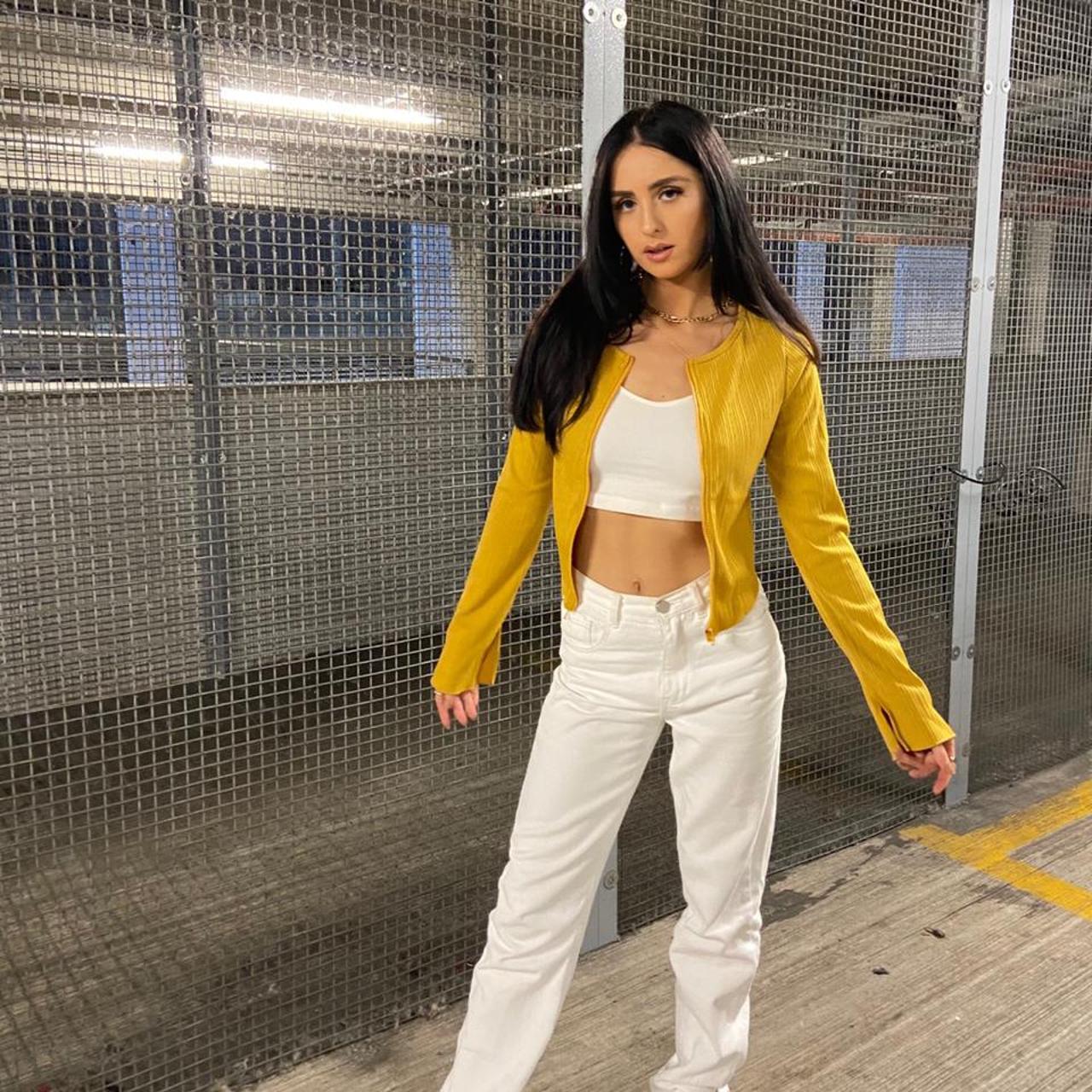 Ribbed mustard zip long sleeve top crop top Depop