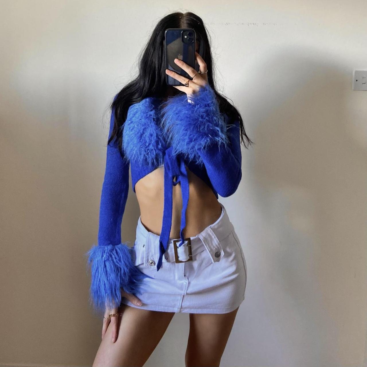 Y2K style denim white mini skirt belted denim mini... Depop