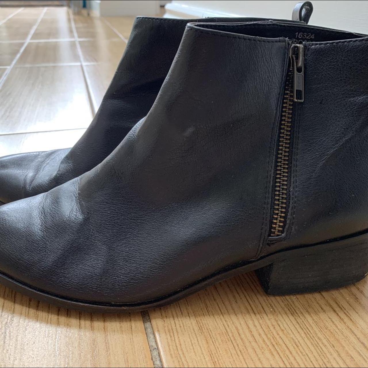 Office black faux leather ankle boots. Sturdy and... - Depop