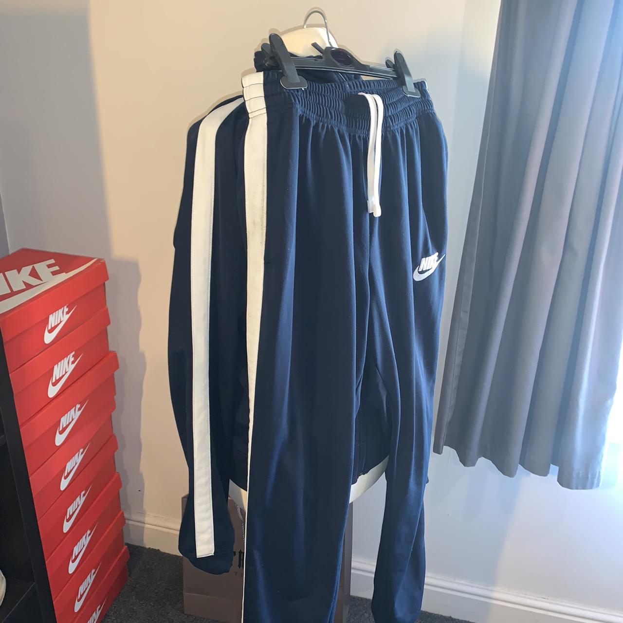Nike Navy Tracksuit Bottoms White Stripes 10/10... Depop