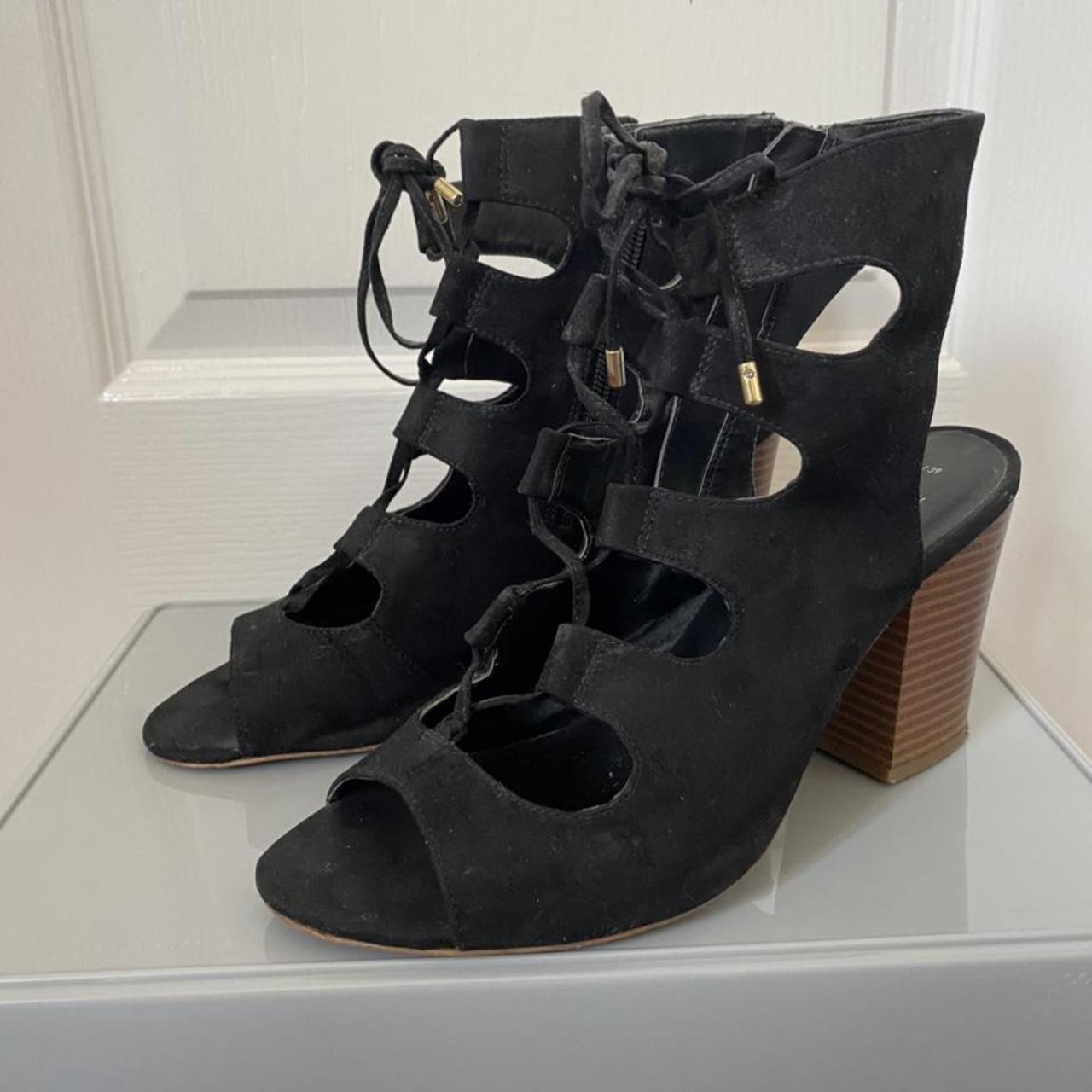 WIDE FIT, black open toe lace up heels with brown... - Depop