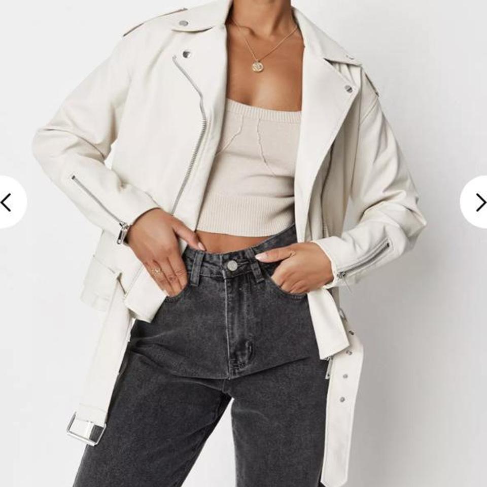 Missguided Cream Faux Leather Oversized Biker Jacket  Faux leather jacket  outfit, White leather jacket outfit, Beige leather jacket