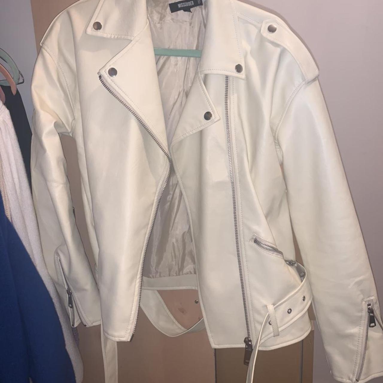 Missguided Cream Faux Leather Oversized Biker Jacket  Faux leather jacket  outfit, White leather jacket outfit, Beige leather jacket