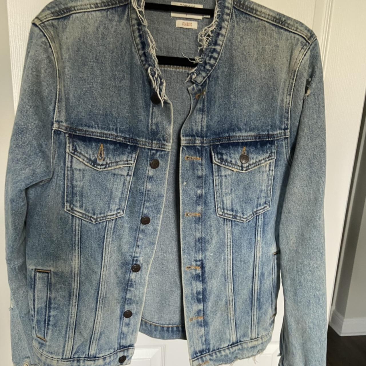 Too man distressed denim jacket Size small - Depop