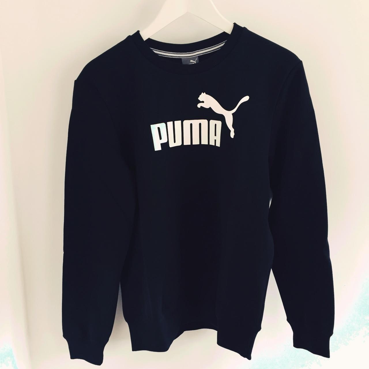 PUMA sweatshirt in black with white logo mens size... - Depop