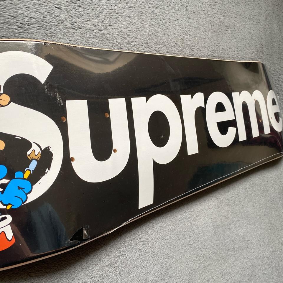 Black Supreme smurfs skateboard deck