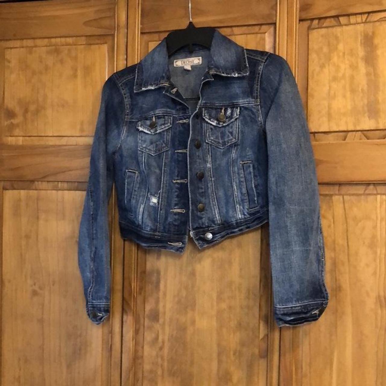 Decree Cropped Dark Wash Jean Jacket Juniors Depop