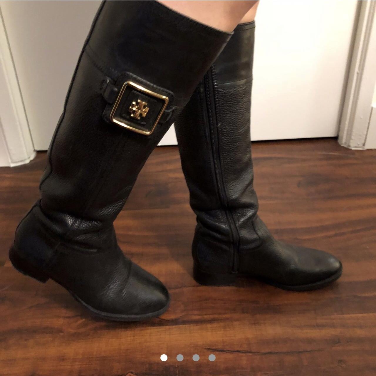 Tory Burch black leather boots. Gold detailing. Size... - Depop