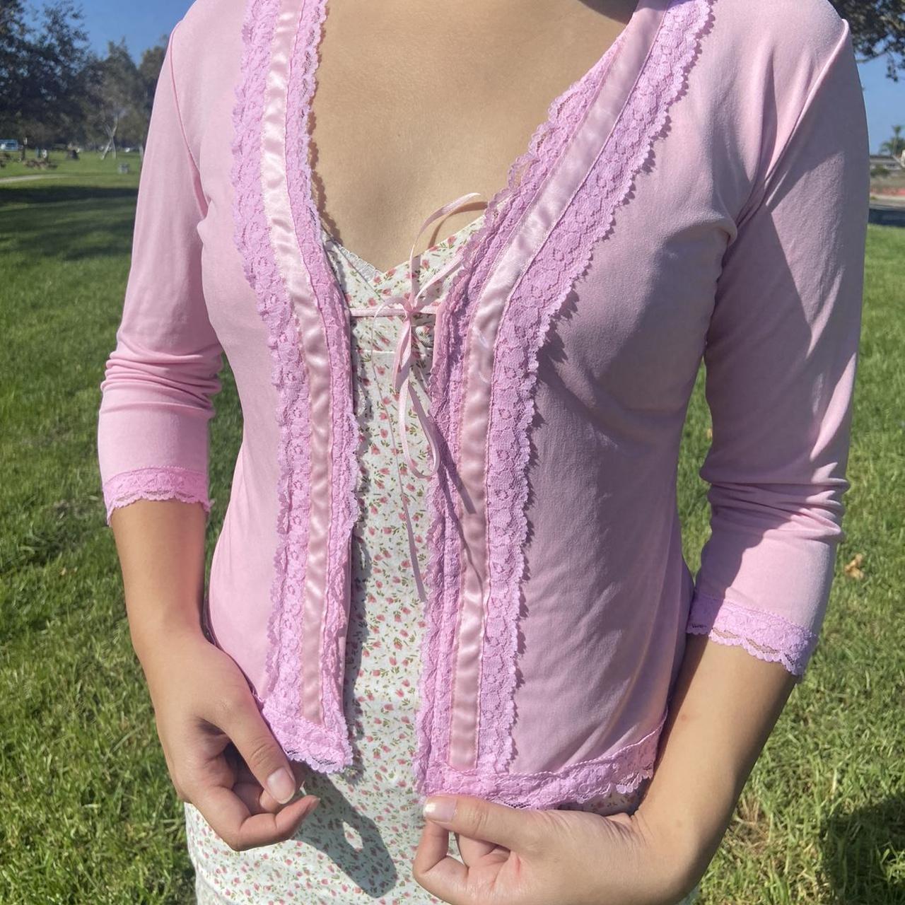 Handmade Pink Lace 2000s Cardigan Soft girl vibes!... - Depop