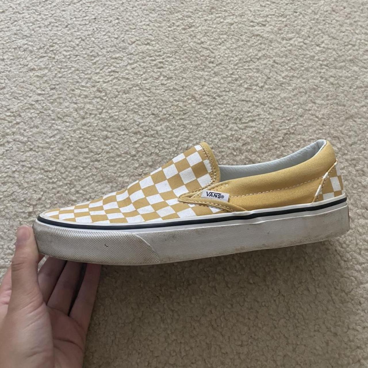 yellow and white checkered slip on vans!! -size 8.5... - Depop