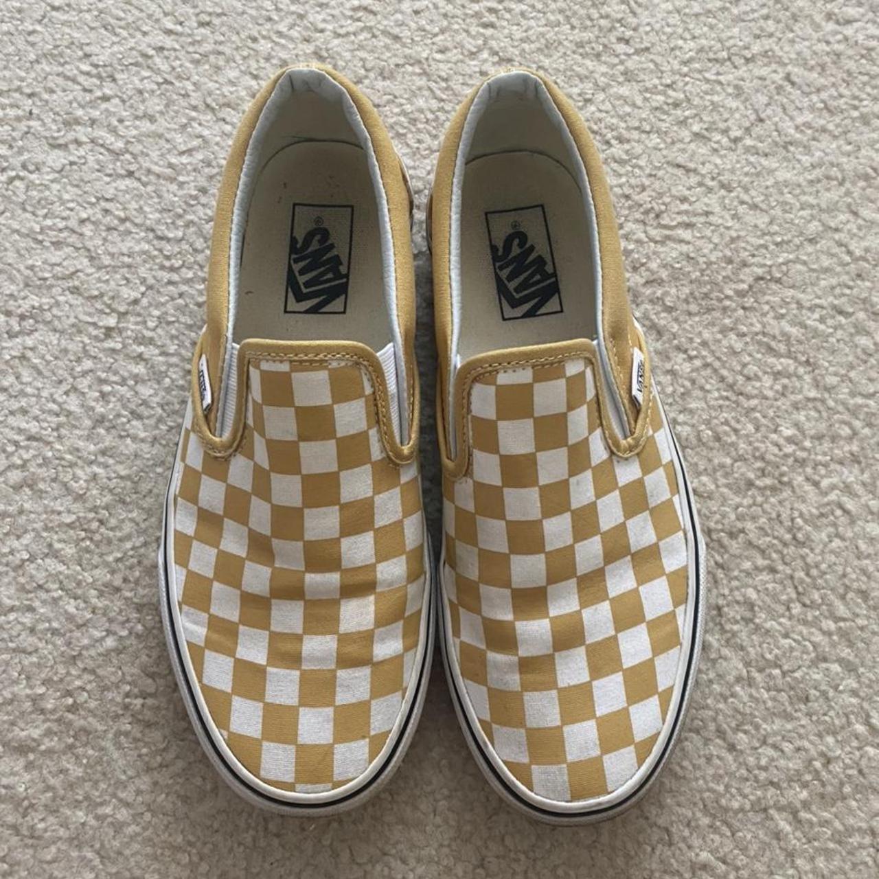 yellow and white checkered slip on vans!! -size 8.5... - Depop