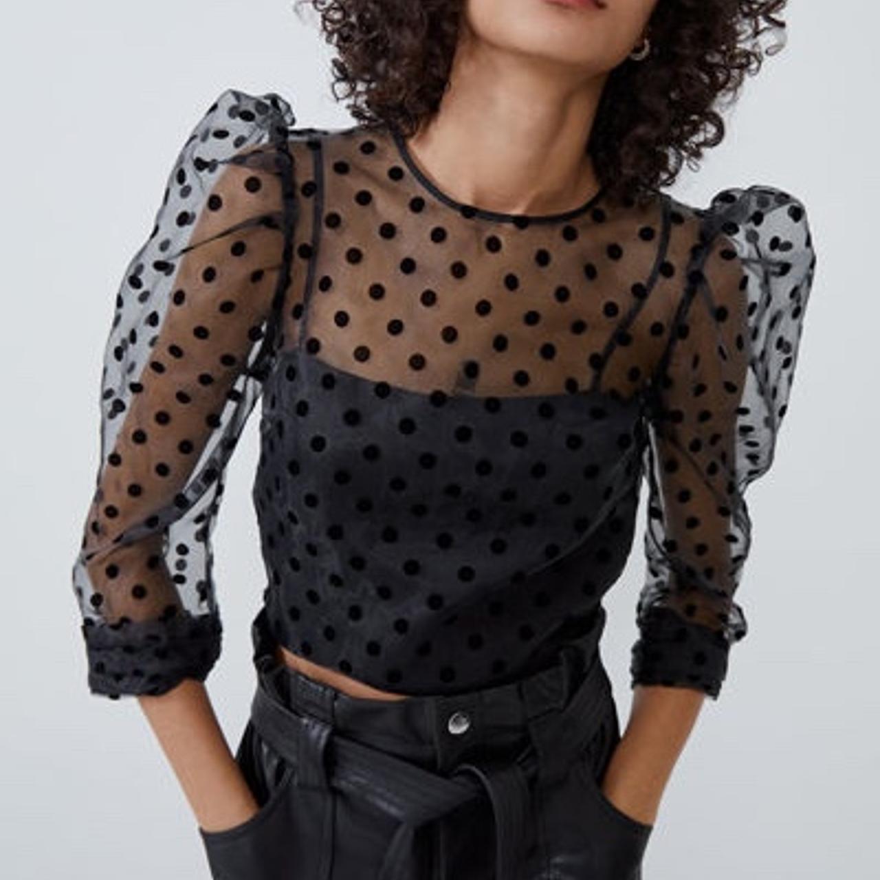 Zara black polka dot sheer mesh blouse. Would fit - Depop