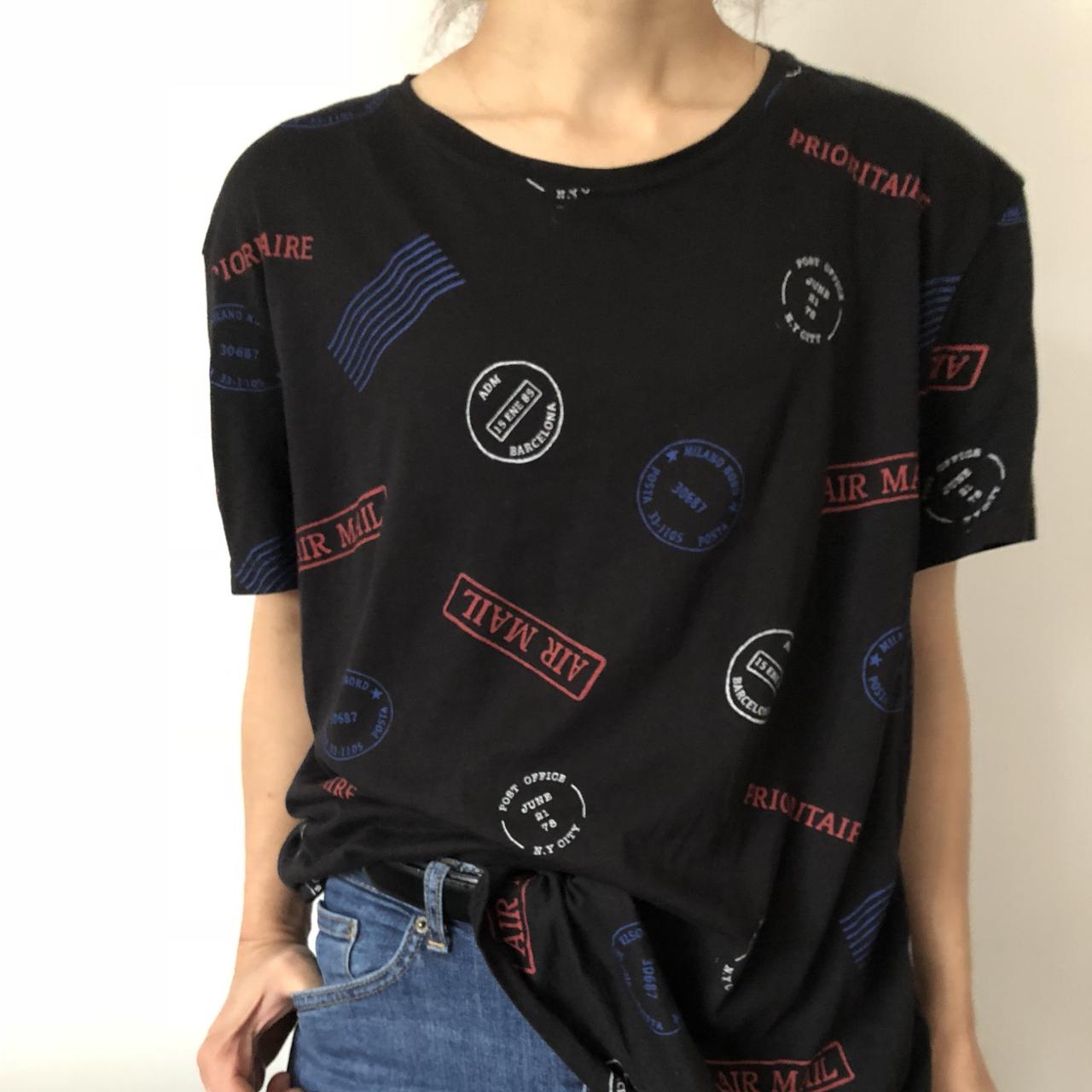 Black pull and bear Tshirt. With travel stamp print... Depop