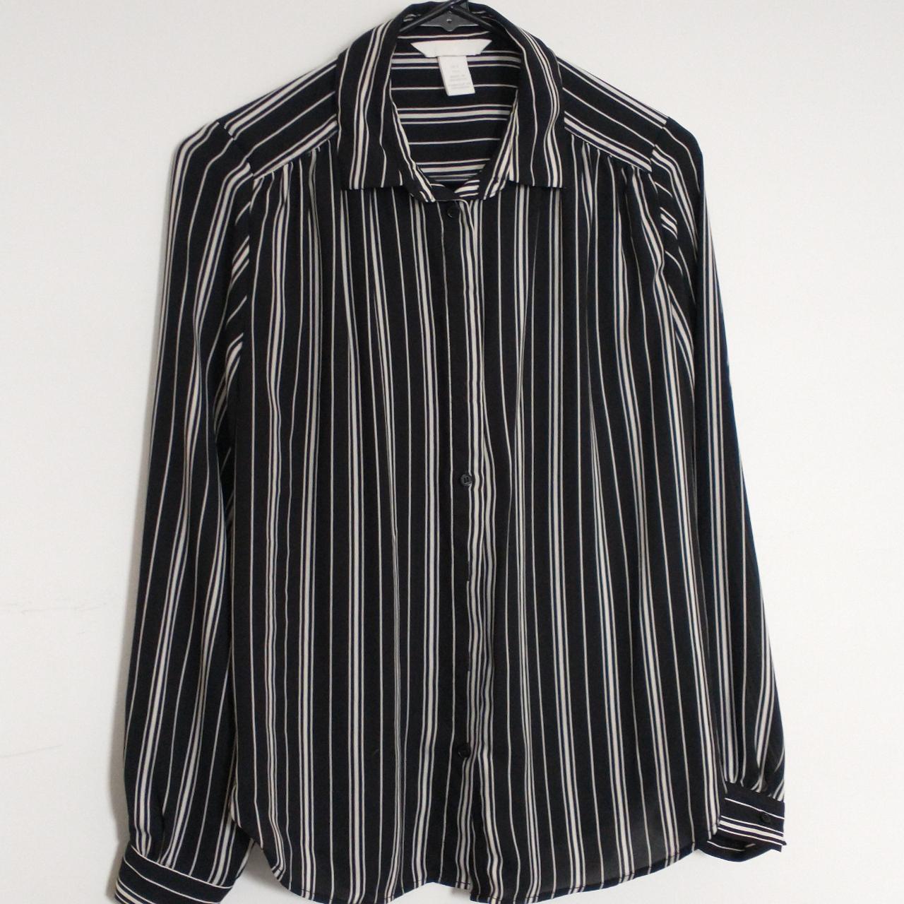 H&M black and white pinstriped blouse Collared... - Depop