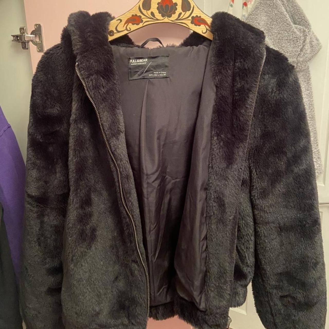 Black teddy bear fur jacket Pull and bear size M... - Depop