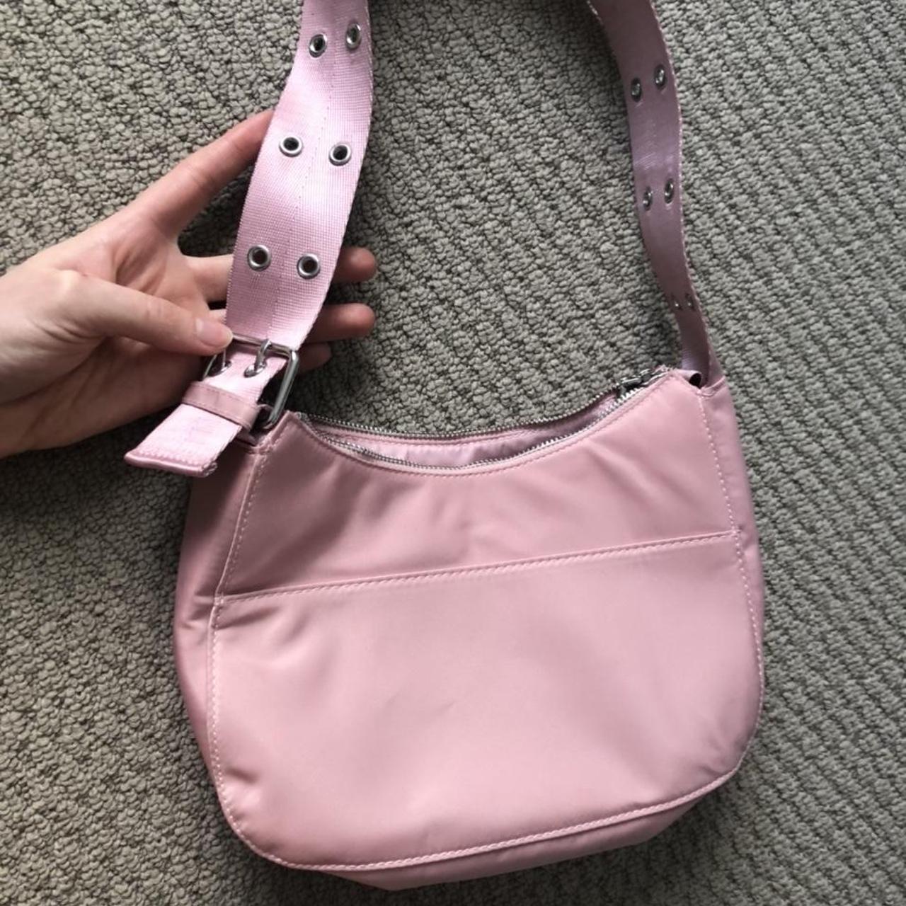 H&M pink nylon y2k shoulder bag with buckle and... - Depop