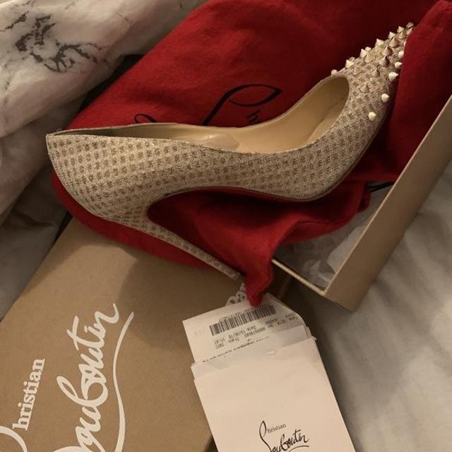 Nude Spiked Christian Louis Vuitton red bottoms used - Depop