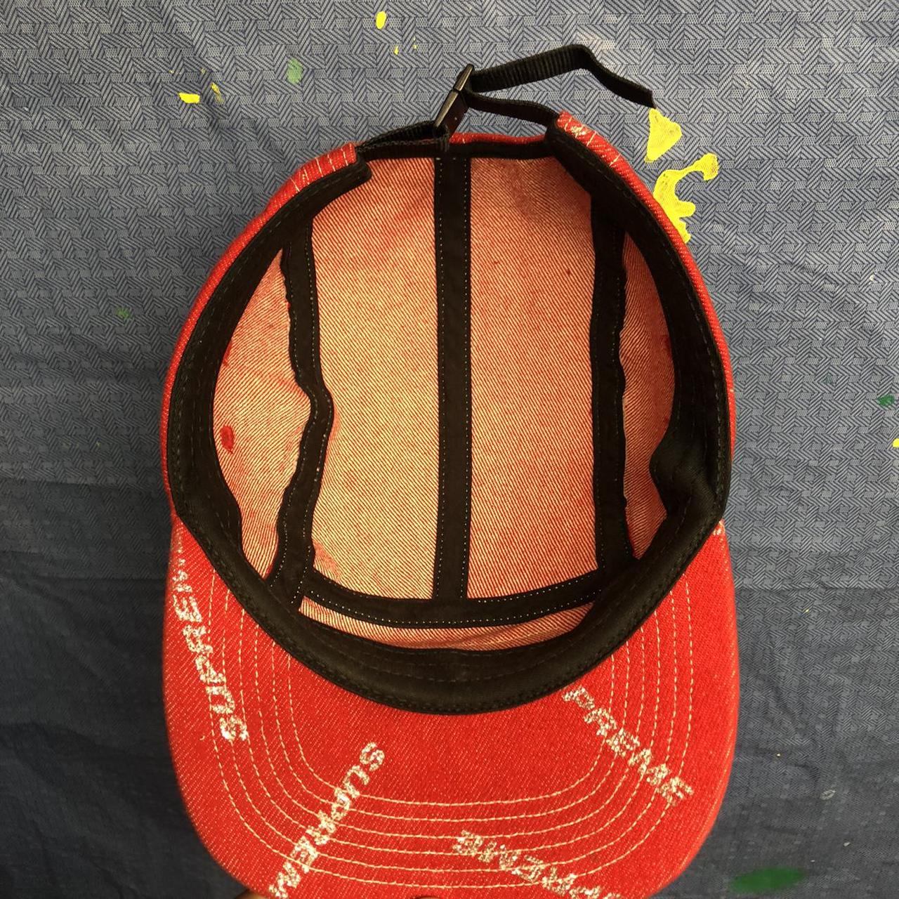 Supreme Frayed Logos Red Denim Camp Cap Hat Red - Depop