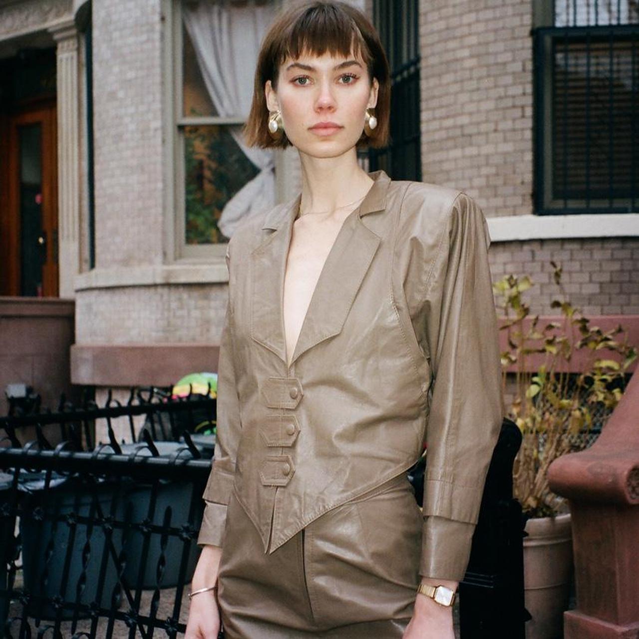 Vintage Faux Leather Skirt Suit by Toppelle. Size... - Depop