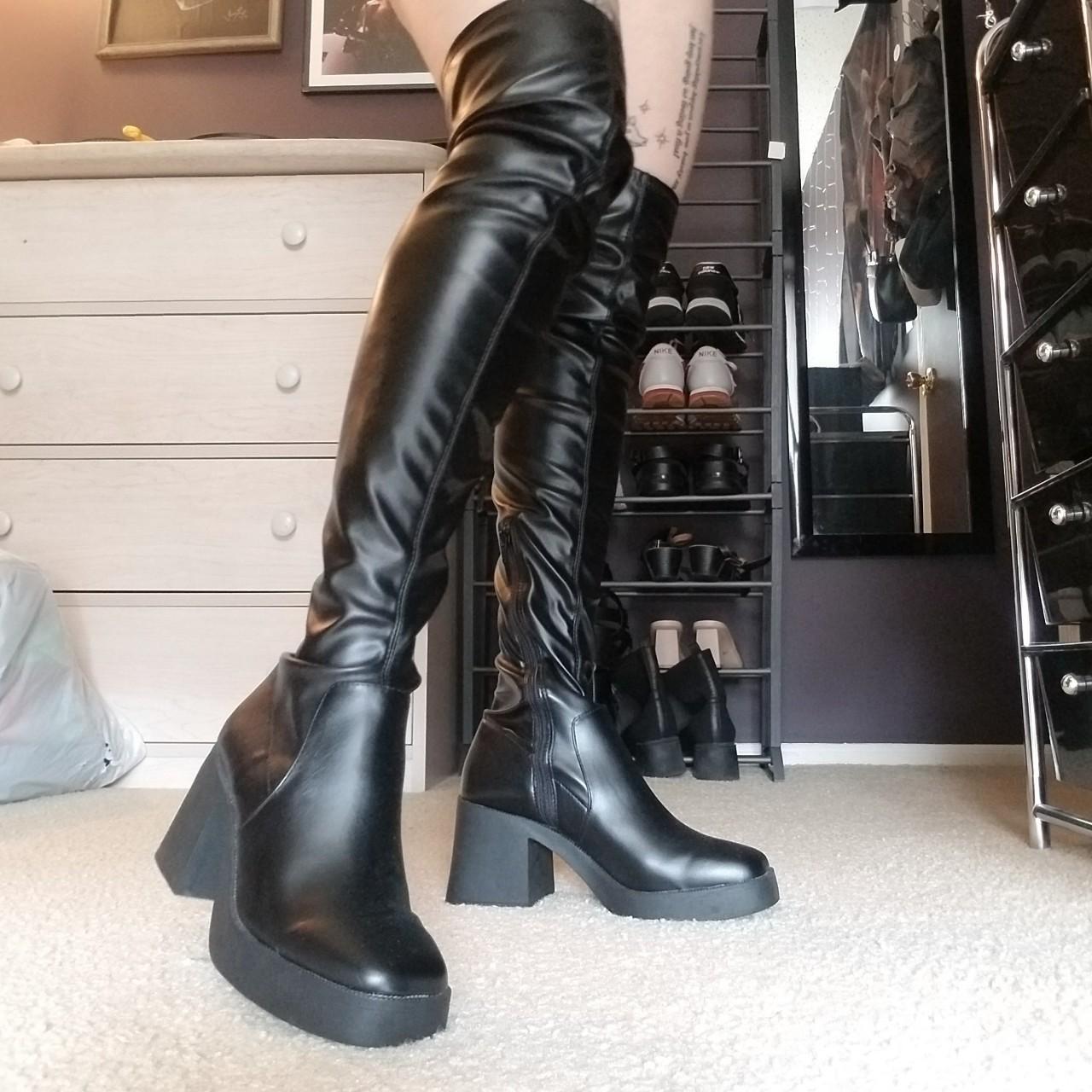 Black faux leather over the knee boots, size 8. Only... - Depop