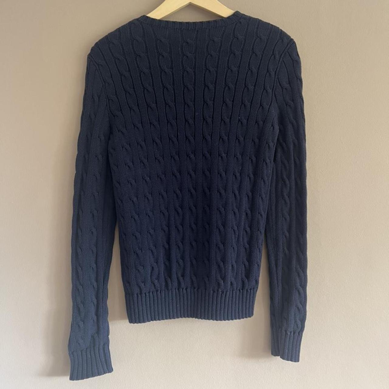 Ralph Lauren Cable Knit Jumper in Navy Blue with Red... - Depop