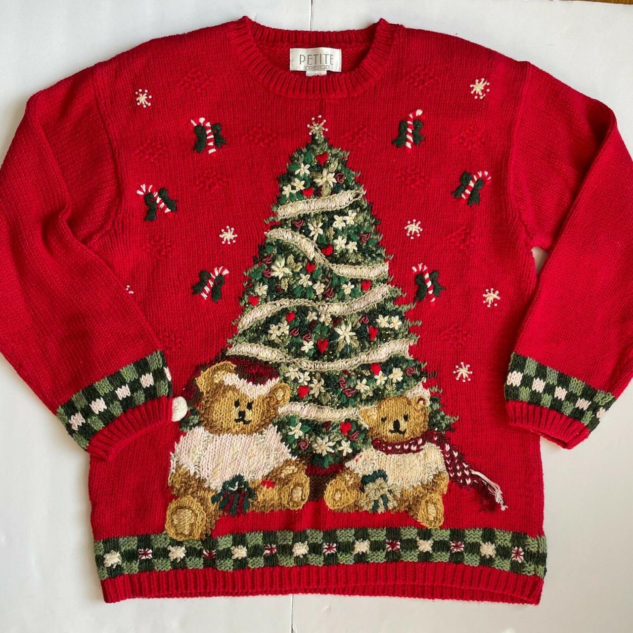 Christmas Tree Bear Embroidered Sweater VTG M Beaded... - Depop