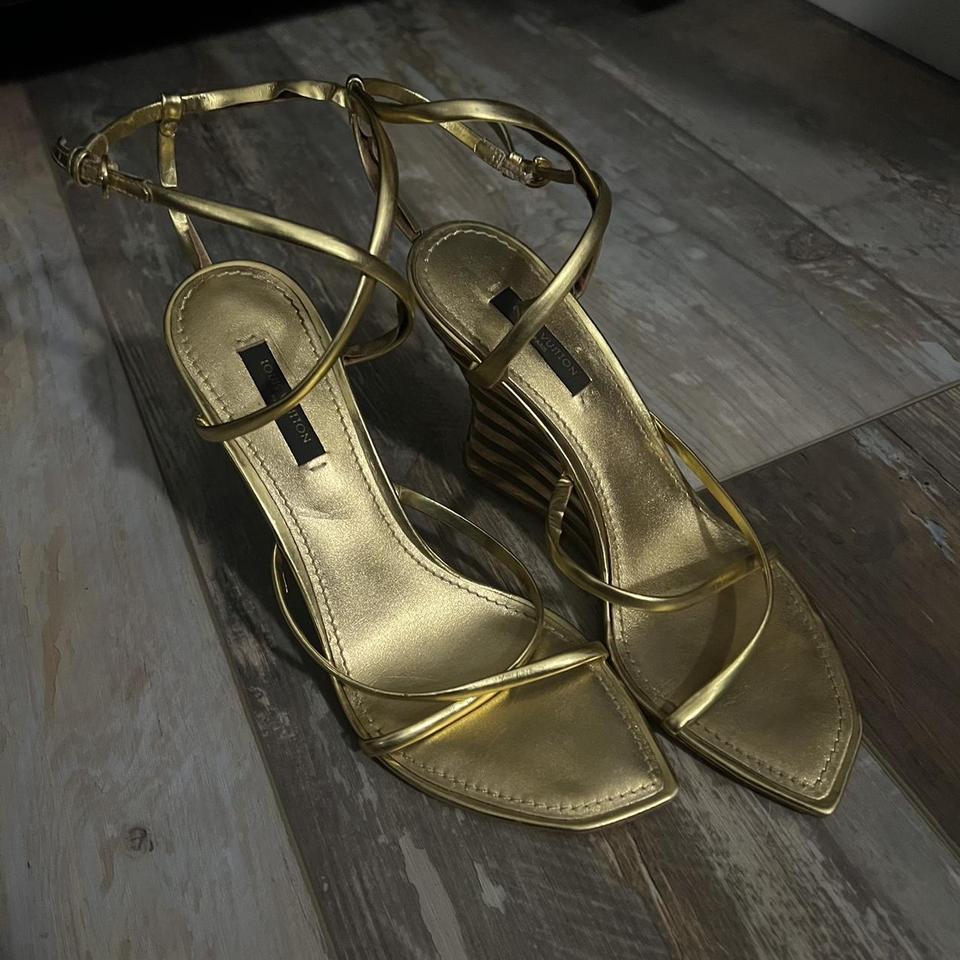 Louis Vuitton Brown & Gold Leather Andalucia Vintage T-Strap Wedge Heel  Sandals Multiple colors ref.830539 - Joli Closet