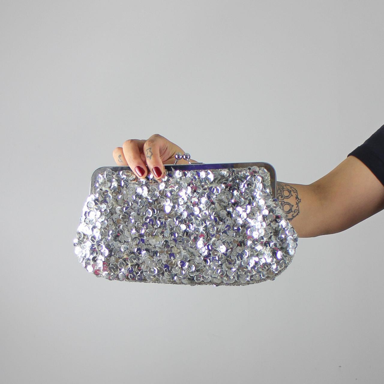 Vintage Y2K Silver Sequin Clutch Bag w Clip... - Depop