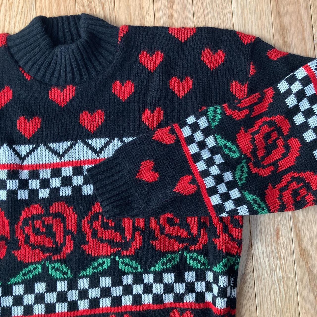 Black vintage sweater with red roses, hearts, and a... Depop