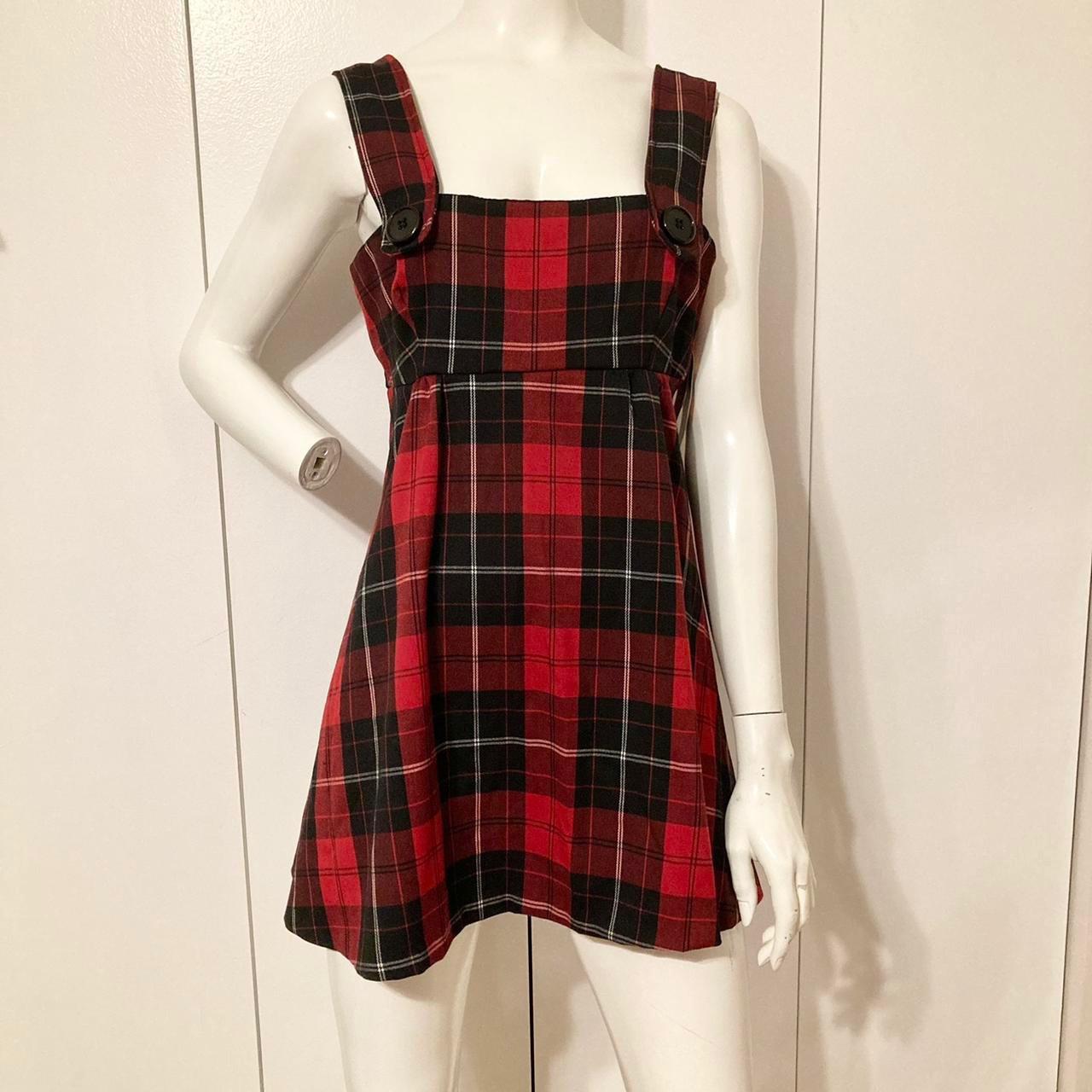 Red and black plaid patterned mini babydoll dress.... Depop