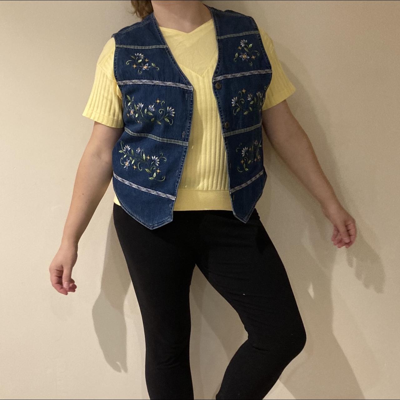 Cute denim button up vest with embroidered flowers... - Depop