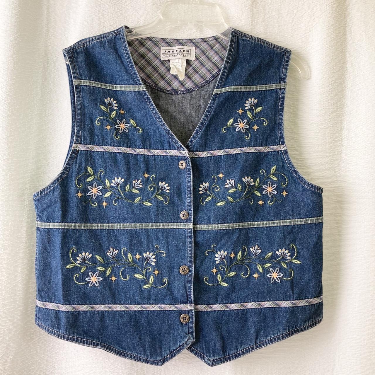 Cute denim button up vest with embroidered flowers... - Depop
